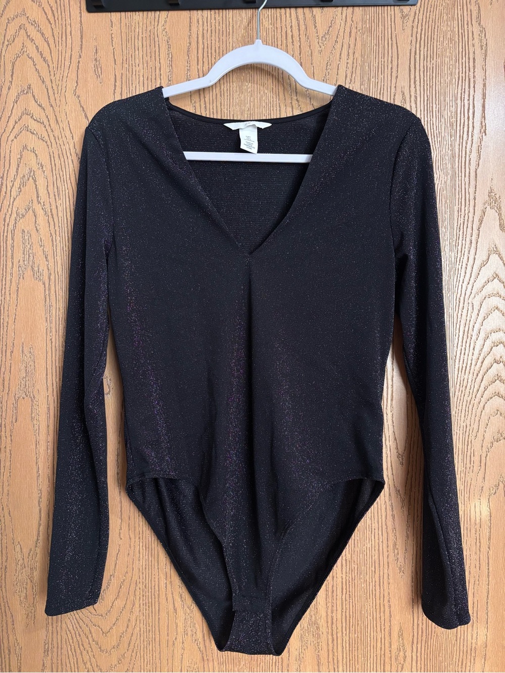 H&M Black Sparkle Long-Sleeve V-Neck Bodysuit